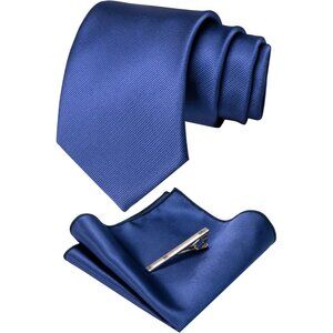 Men's Dark Blue Colour Formal Necktie and Pocket Square Tie Clip Sets